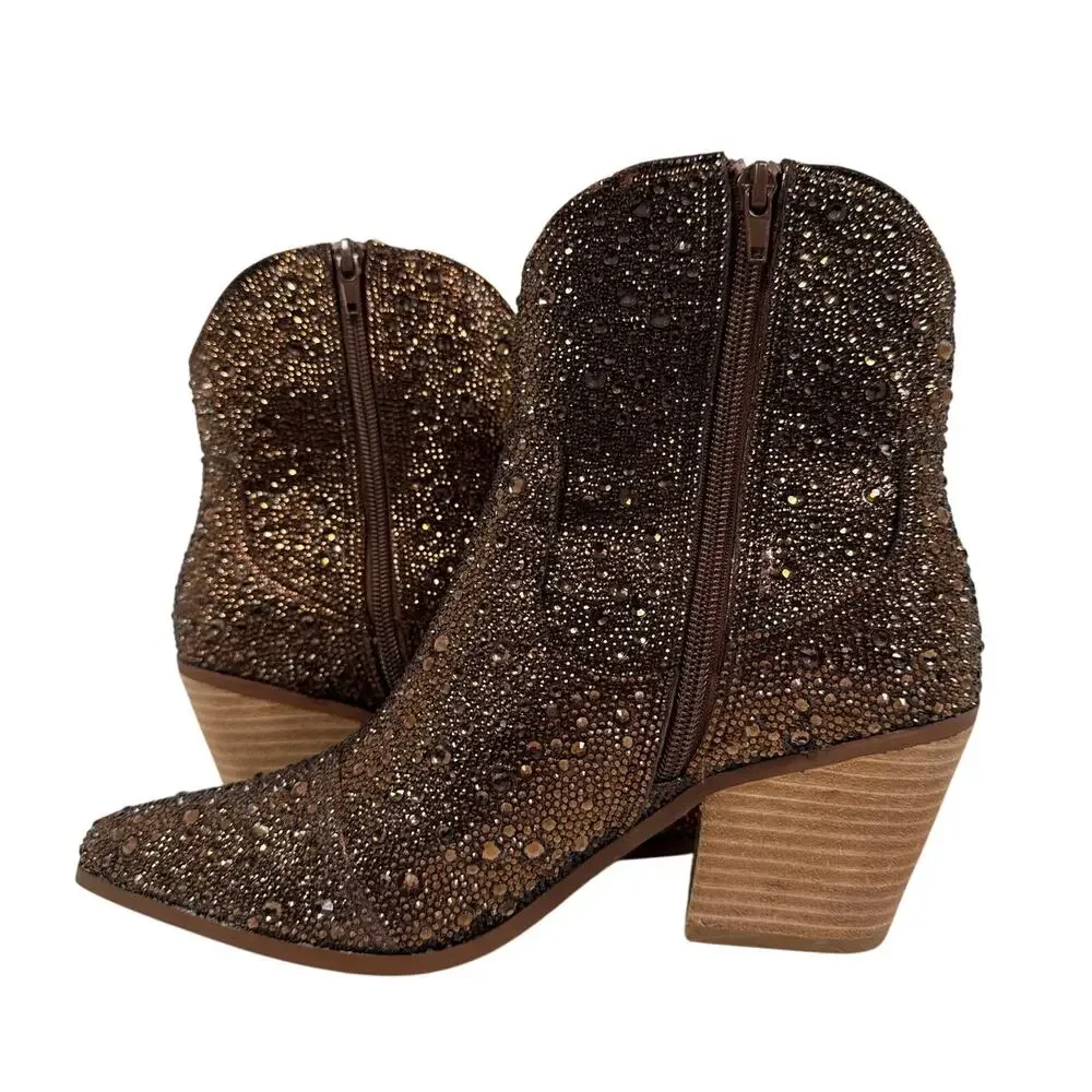 Betsey Johnson Western Boots Diva Womens 8 Shiny Brown Rhinestones Pointed Toe